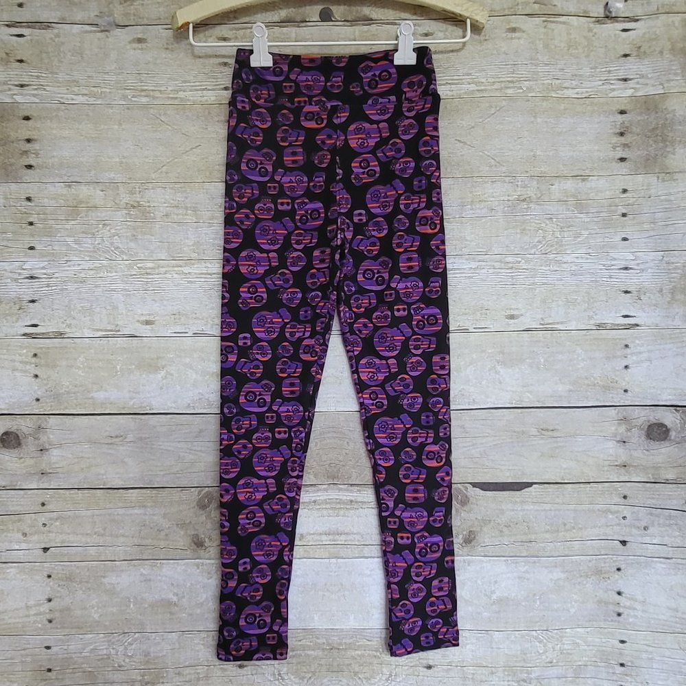 NWT LuLaRoe Tween Leggings - Purple & Orange Sugar Skulls on Black